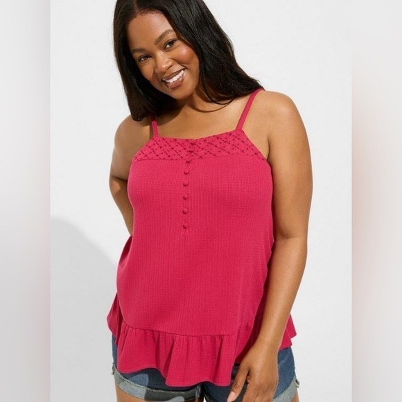 Torrid Texture Knit Woven Eyelet Square Neck Swing Tank-Cherries Jubilee NWT - Picture 2 of 5